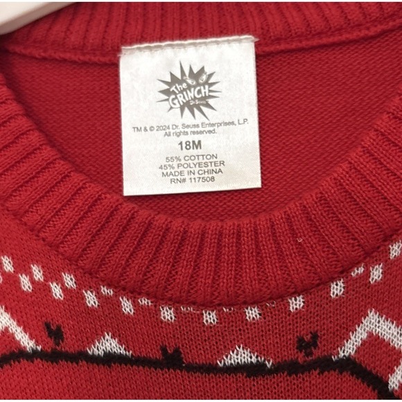 Grinch Red Holiday Sweater, Infant 18M "Feeling Grinchy" Grinch With Santa Hat - Picture 2 of 2